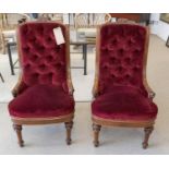 SIDE CHAIRS, a pair, Italian walnut, circa 1870 with angel carved showframes and buttoned red velvet