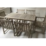 GARDEN SET BY 'LISTER' AND ALEXANDER ROSE, weathered teak and slatted, the table by 'Lister' and six