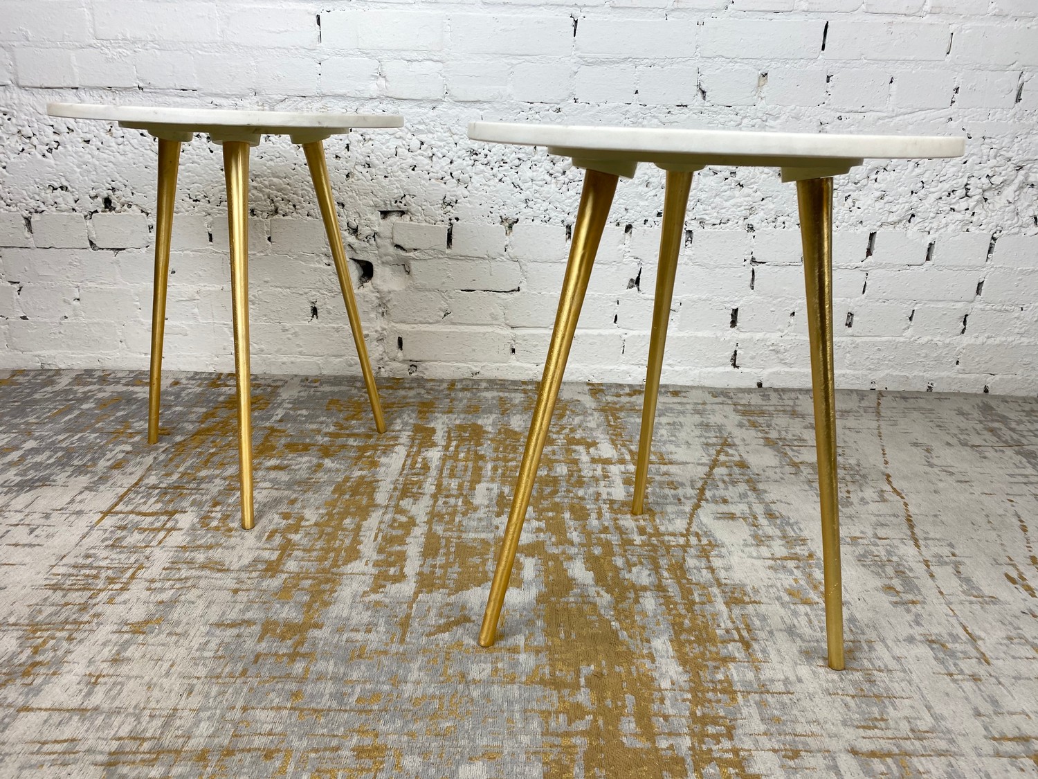 LAMP TABLES, a pair, 1970's Italian design, circular marble tops on tripod gilt metal legs, 54cm H x - Image 4 of 4