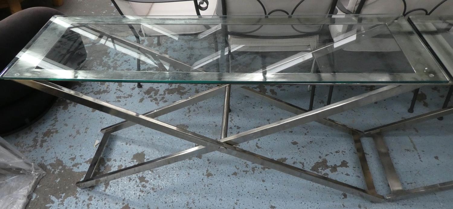 CONSOLE TABLE, contemporary design, polished metal and glass, 152cm x 45cm x 75cm. - Image 2 of 3