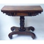 CARD TABLE, William IV mahogany foldover baize lined rounded rectangular with carved column support,