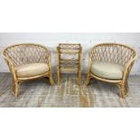 CONSERVATORY TUB CHAIRS, a pair, vintage rattan and cane bound trellis design, 68cm H x 71cm W,