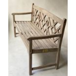 LATTICE GARDEN BENCH, weathered teak with lattice back, 152cm W.