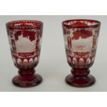 BOHEMIAN OSER EKERMANN WINE GOBLETS, late 19th century cut glass, a near pair, each adorned with