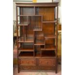 DISPLAY SHELVES, Chinese rosewood, multi tiered with two drawers, 159cm H x 89cm W x 34cm D.