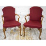 OPEN ARMCHAIRS, a pair, early 20th century walnut in red fabric, 62cm W. (2) (scuffs)