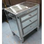 BEDSIDE CHESTS, a pair, mirrored each with three drawers, 55cm x 40cm x 68cm H. (2) (with faults)