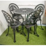 GARDEN SET INCLUDING TABLE, black painted metal with circular top, 69cm and a set of four chairs. (