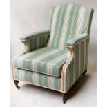 ARMCHAIR, Victorian walnut with Regency stripe green/brown twill piped upholstery, 70cm W.