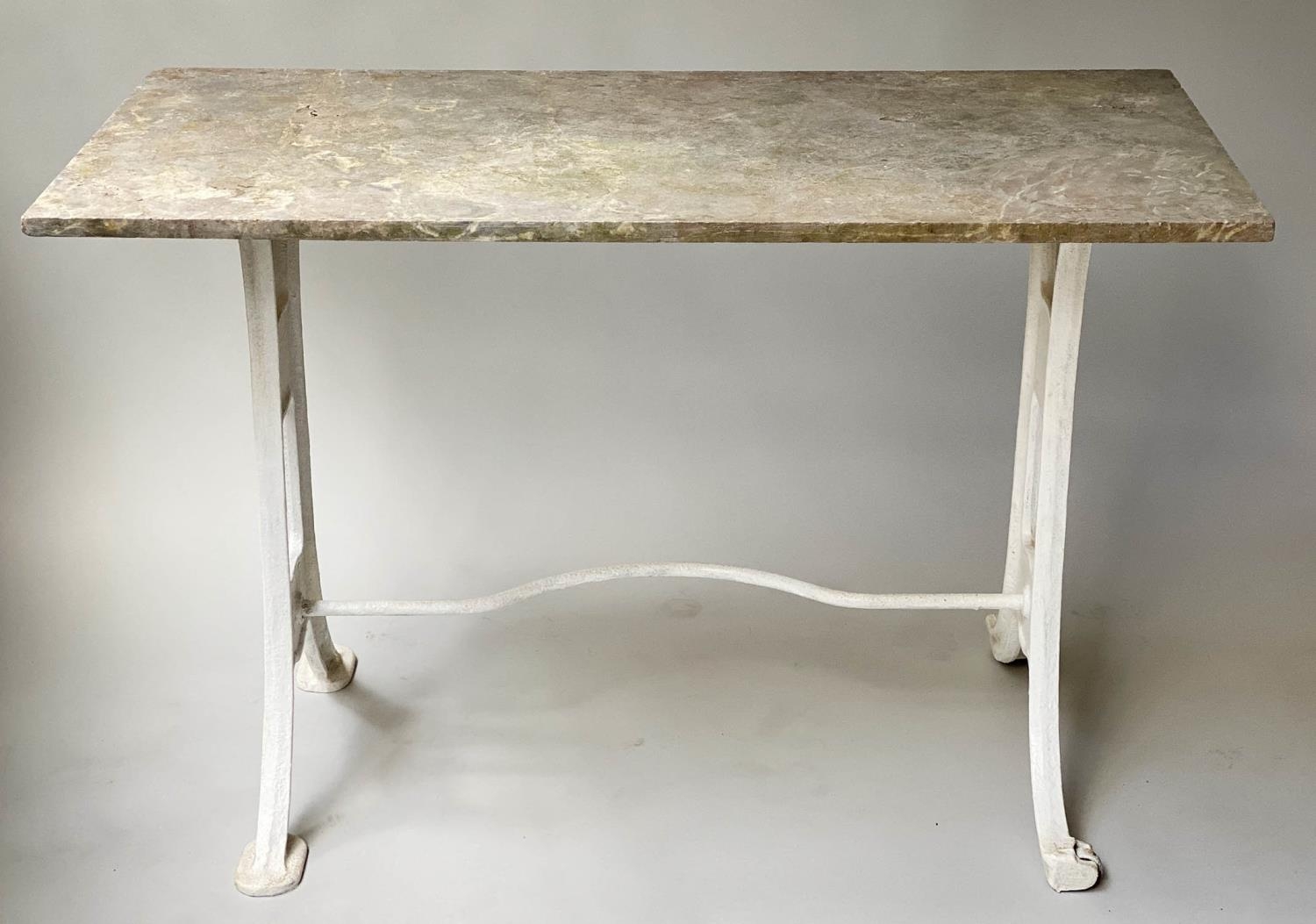 GARDEN TABLE, early 20th century rectangular variegated weathered marble on cast iron strechered