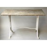 GARDEN TABLE, early 20th century rectangular variegated weathered marble on cast iron strechered