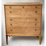 CHEST VINTAGE 1960'S, walnut, with five long drawers and tapering supports, 44cm D x 99cm H x 85c W.