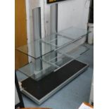 MEDIA CONSOLE, contemporary two tier glass, on castors, 120cm x 51cm x 116cm H.