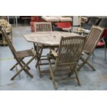 GARDEN TABLE, octagonal weathered teak on folding legs, 74cm H x 120cm W and a set of four folding