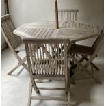 GARDEN TABLE AND CHAIRS, silvery weathered teak, octagonal (folding) together with four finely