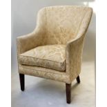 ARMCHAIR, Edwardian mahogany with chalk yellow brocade upholstery with arched back and tapering