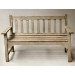 LISTER GARDEN BENCH, weathered teak slatted with flat top arms, 128cm W.