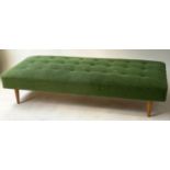 DANISH HEARTH STOOL, 1960's, rectangular green worsted, buttoned with tapering supports, 185cm W x