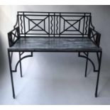 CONSOLE TABLE, French Art Deco wrought iron with variegated grey white marble top, lattice gallery
