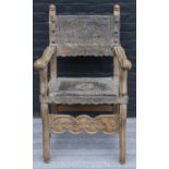 ARMCHAIR, 19th century Spanish with embossed leather back and seat, 104cm H x 63cm W x 66cm D. (with