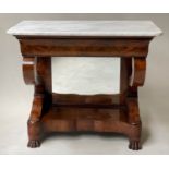 CONSOLE TABLE, 19th century French Louis Philippe burr walnut with marble top, frieze drawer,