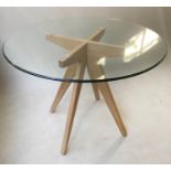 BREAKFAST TABLE, circular tempered glass on boxwood interlocking tapering supports, 100cm x 74cm H.