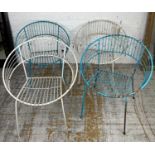 GARDEN CHAIRS, a set of four, 1960's satellite design painted metal and wirework, two in blue and