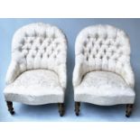 SLIPPER ARMCHAIRS, a pair, Victorian walnut, with ivory buttoned brocade upholstery, 61cm W. (2)