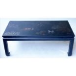 LOW TABLE, rectangular, black and Chinoserie decorated with river scene, 123cm W x 61cm D x 46cm H.