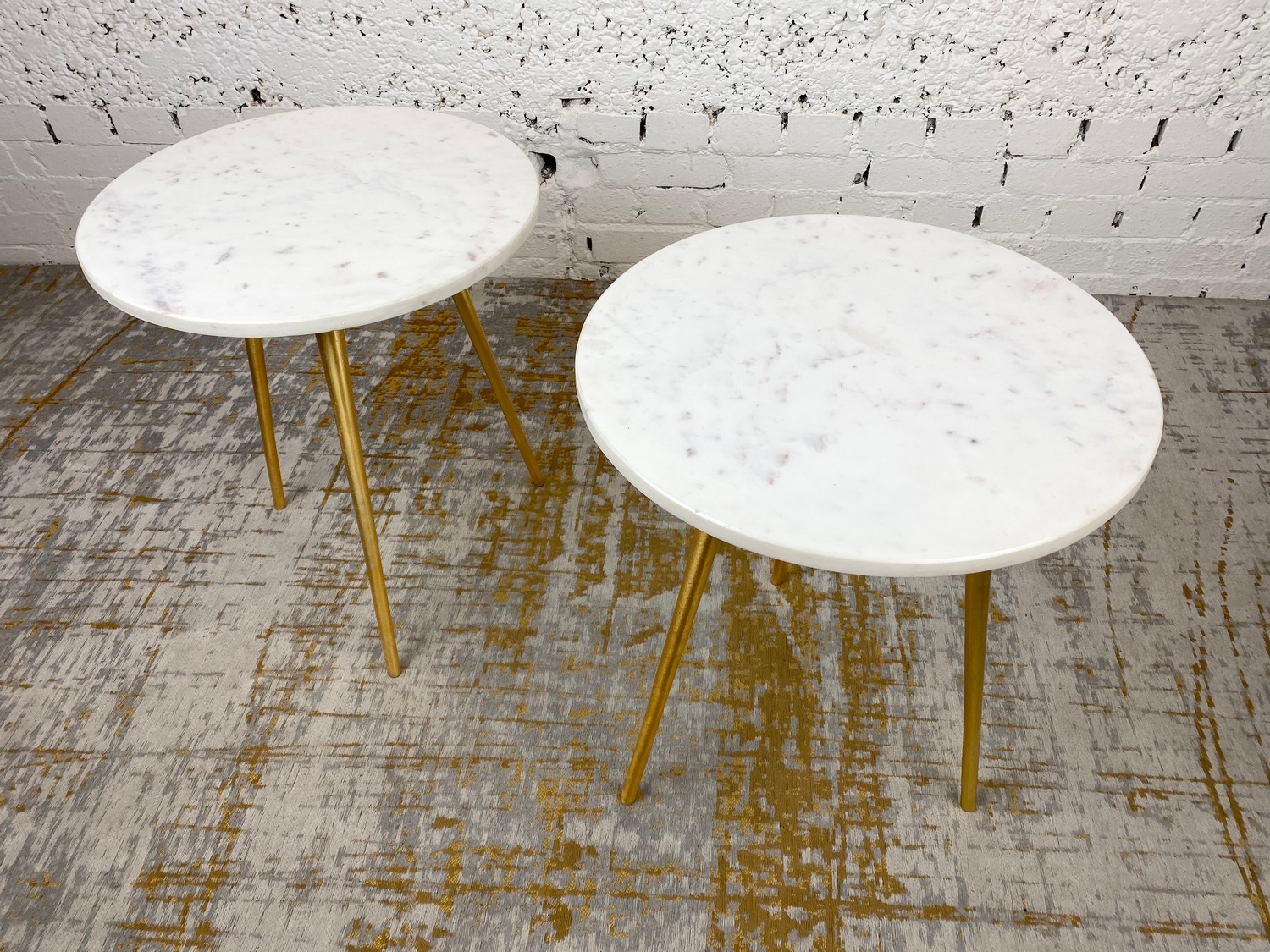 LAMP TABLES, a pair, 1970's Italian design, circular marble tops on tripod gilt metal legs, 54cm H x - Image 2 of 4