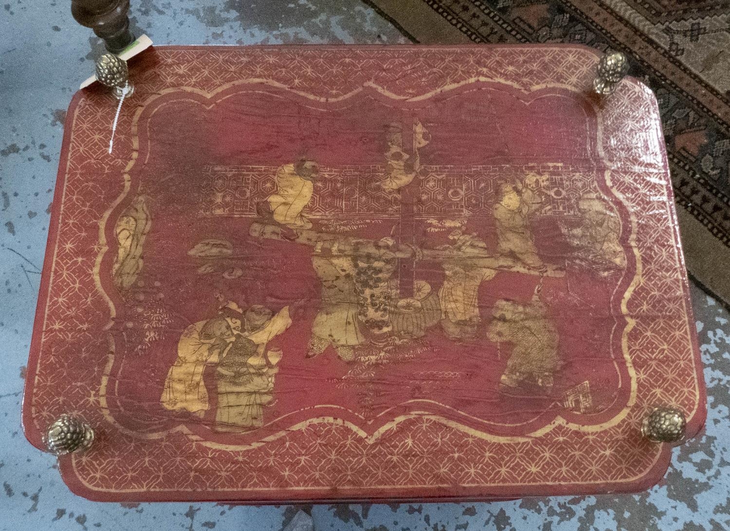 ETAGERE, two tier red lacquer Chinoiserie decorated with faux bamboo brass supports, 46cm x 59cm H x - Image 2 of 5