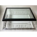 LOW TABLE, fender style, bevelled inset glass and square chrome shaped balustrade support, 107cm x