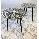 LAMP TABLES, a pair, Moorish design inlaid tops on tripod metal legs, 47cm H x 41cm x 41cm. (2)
