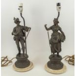 LAMPS, a pair, French spelter, peasant farmers on marble bases, 55cm H. (2) (with faults)