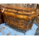 BOMBE COMMODE, Italian 18th century style walnut and crossbanded with three short drawers above