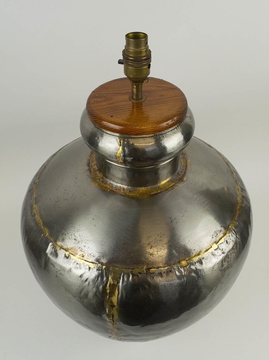 LAMP, converted from a vintage Indian water carrier hand beaten riveted metal, 60cm H. - Image 2 of 4