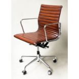 REVOLVING DESK CHAIR, Charles and Ray Eames style ribbed hand dyed leather revolving and reclining