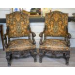 THRONE CHAIRS, a pair, circa 1880, walnut in worn foliate upholstery, 122cm H x 73cm. (2)