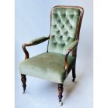 VICTORIAN ARMCHAIR, rosewood with button upholstered green velvet and crook arms, 59cm W.
