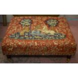 HEARTH STOOL, red tapestry style lion and unicorn design on brass castors, 33cm H x 93cm W x 90cm D.