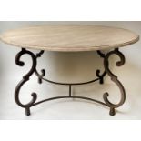 DINING/CENTRE TABLE, circular simulated travertine on solid bronze four leg scroll support, 150cm