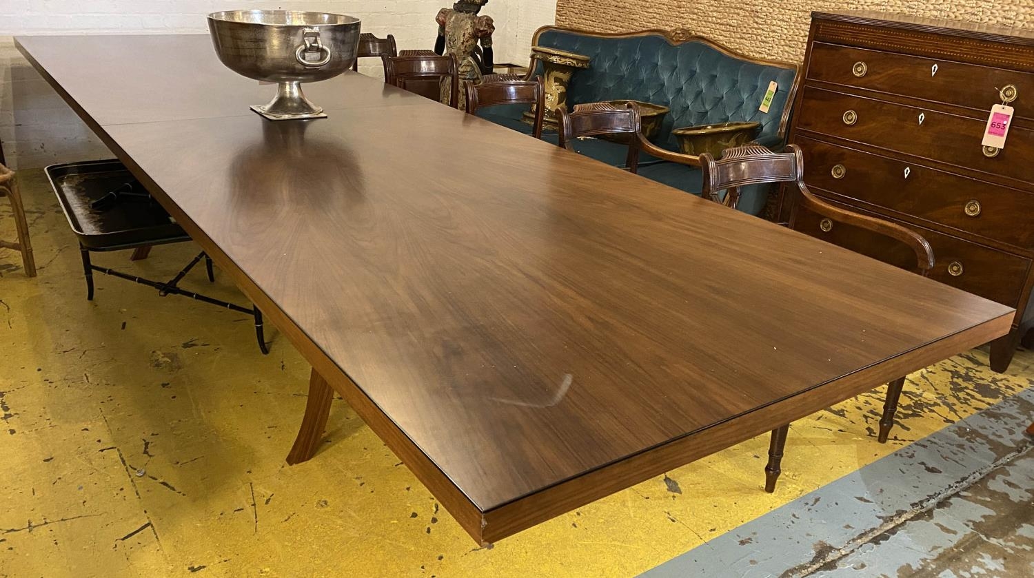 DINING TABLE, contemporary design walnut, twin pedestal base, 72cm H x 440cm L x 120cm. (slight