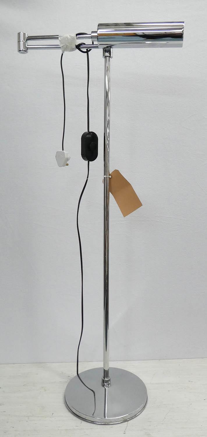 FLOOR STANDING READING LAMP, articulating arm, polished metal, 108cm at tallest.