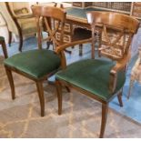 DINING CHAIRS, a set of eight, walnut including two carvers with green velvet stuffover seats,