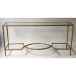 CONSOLE TABLE, rectangular glazed gilt metal on cross stretchered supports, 160cm x 41cm x 77cm H.