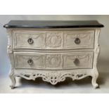 COMMODE, Italian style carved hardwood and grey painted with tessellated simulated marble top