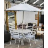 GARDEN SET, including table circular white painted metal 71cm x 105cm and a set of four metal
