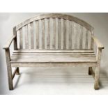 'SMITH & HAWKEN' GARDEN BENCH, weathered teak arched back and flat top arms, stamped, 122cm W.