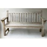 BARLOW TYRIE GARDEN BENCH, weathered premium teak and slatted with flat top arms, 163cm W.