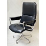 REVOLVING ARMCHAIR, 1970's style soft black leather revolving and reclining on steel 5 star base,